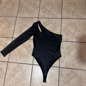 Faux Leather Black One-Shoulder Bodysuit